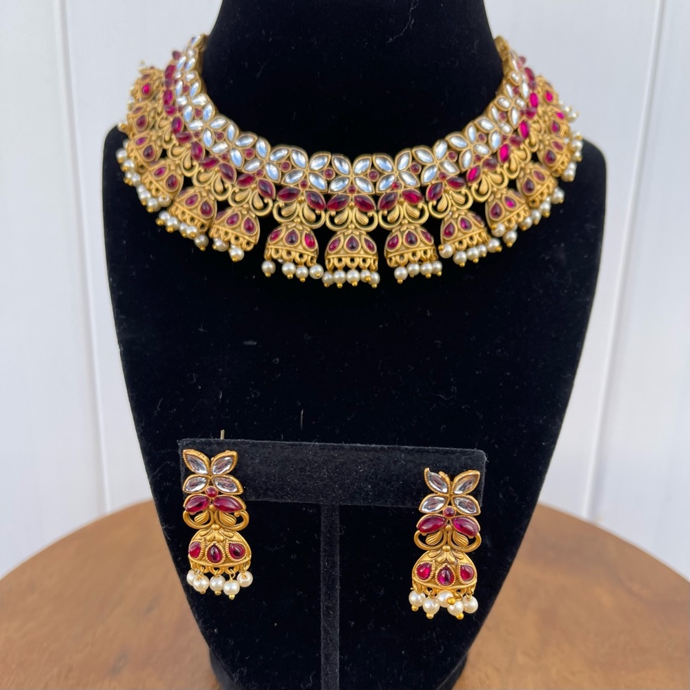 Gold Plated Pink Kundan & Pearl Choker Necklace Set for Women - Picture 6 of 12